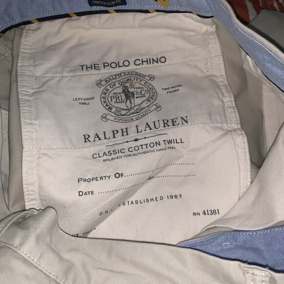 POLO RALPH LAUREN CHINO PANTS STRETCH SLIM FIT CLASSIC TAN 32/32 (32 x 28 1/2) - Picture 10 of 12